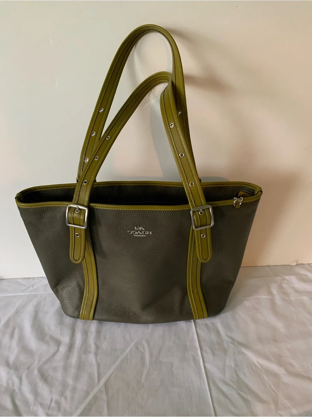 Coach Olive Green Leather Tote with Contrast Trim